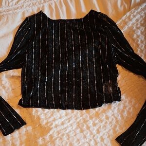 Black Long Sleeve SheerTop with Silver Stripes